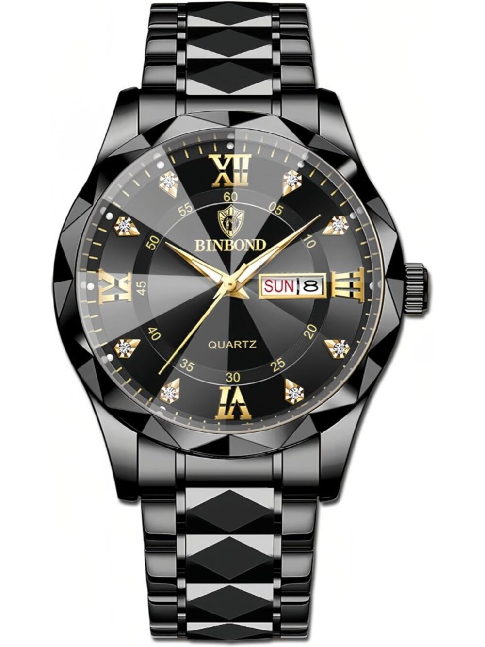 Unisex All Black Analog Stainless Steel Roman Numeral Diamond Waterproof Watch